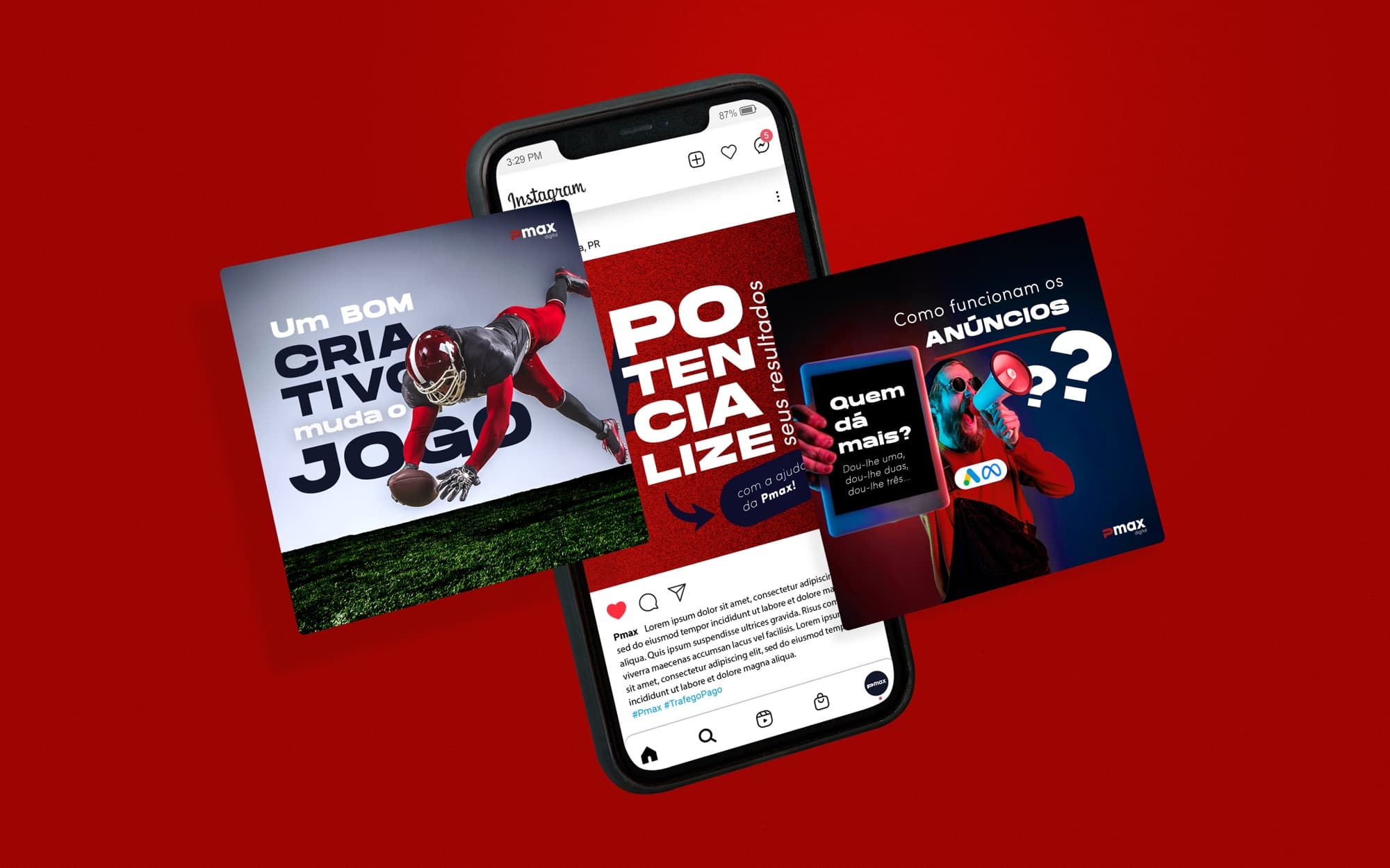 Celular e posts de Instagram com a identidade da Pmax