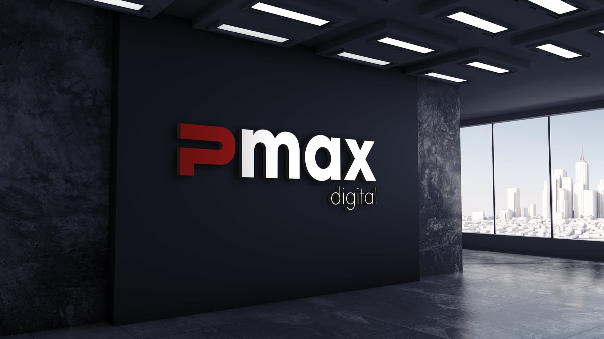 Logo da Pmax aplicado na parede de um escritório